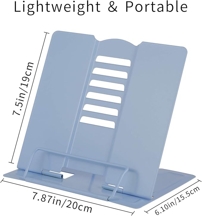 Blizzow Desk Book Stand Holder - Hands Free, Adjustable Metal Stand, Lightweight Foldable Portable - Cookbook, Tablet, Music Book, Documents (Light Blue)