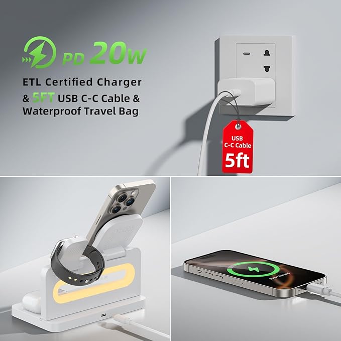 3 in 1 Wireless Charging Station for Apple MagSafe Charger,Magnetic Wireless Charger Stand for iPhone 16 15 14 13 12,Foldable Nightstand Charging Dock for Apple Devices iWatch,AirPods with Night Light