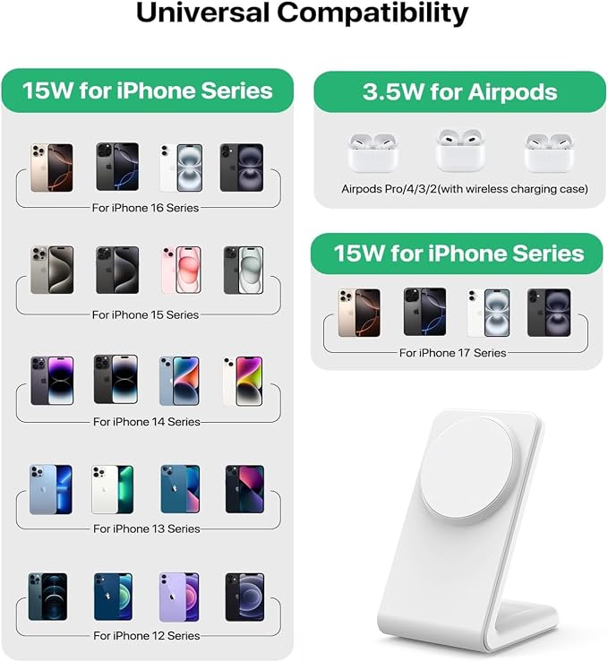 Magnetic Desk Phone Charger 2 in 1 for iPhone and airpod Charging Station, Designed for MagSafe Charger Stand Compatible with iPhone 17/16/15/14/13 Pro Max Series, Airpods 4/3/2/Pro 2,White