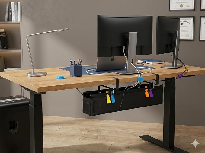Under Desk Cable Management Tray, 28", Black Standing Under Cable | No Drill, Fabric Cord Organizer with Reinforced Base, Clamp Mount Wire Management, For Office/Home & Standing Desk