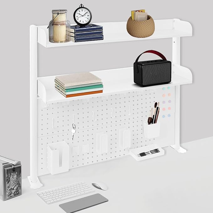 Clamp-On Pegboard Desk Organizer, 2-Tier Clamp On Desk Shelf with Hooks, Office Accessory Organizer for Books, Office Supplies & DIY Storage, 16.5lbs Capacity, 39.37" x 37.4", White