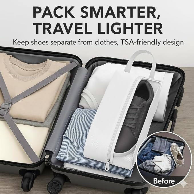 Shoe Bag for Travel Water Resistant Shoe Organizer with Transparent PVC Window, Carry Handle, Heavy-Duty Zipper, Fits Men's Size 11, for Golf, Gym, Sports & Soccer Cleats- White