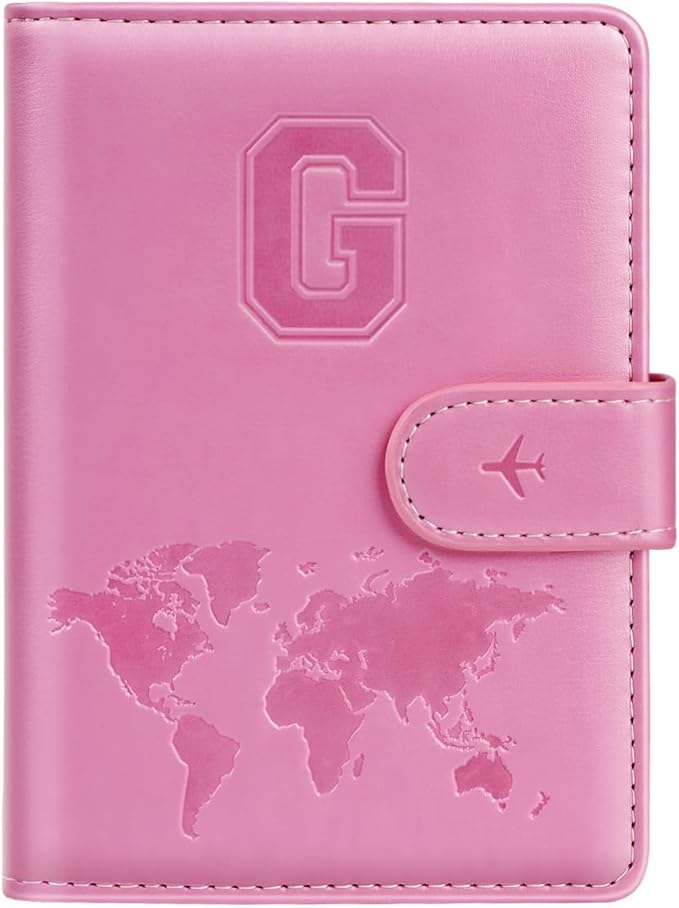 Passport Holder Cover Initail Letter A-Z Travel Wallet Embossed Design RFID Blocking Card Holder Personalized Gift Passport Cover Wallet, Passport Book Holders for Women and Girls, Pink-G