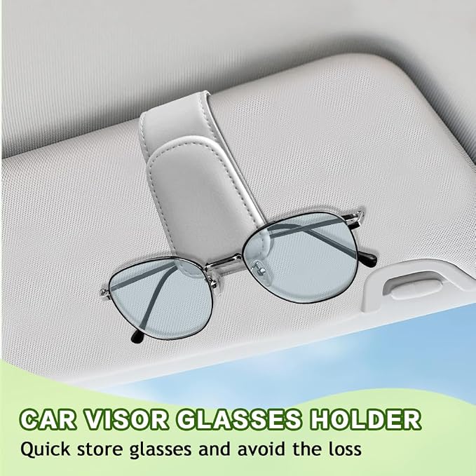 Sunglass Holder for Car, Sunglasses Clip for Car Visor, Magnetic Leather Vehicle Eyeglass Hanger Clip, Auto Ticket Card Glasses Organizer Clamp Accessories for SUV Sedan (White)