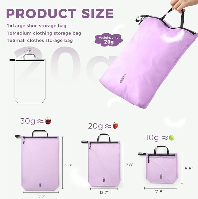 Travel Laundry Bag Ultralight Waterproof Washable Wet Dry Bag for Gym, Swimming, Yoga, and Workout Perfect for Dirty Clothes, Bathing Suits, Travel Accessories (3 Pack)(Purple)