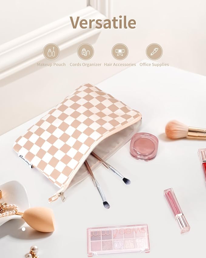 Narwey Small Checkered Makeup Bag for Purse Small Cosmetic Bag Women Travel Makeup Pouch Zipper Pouch (Light Checkerboard)