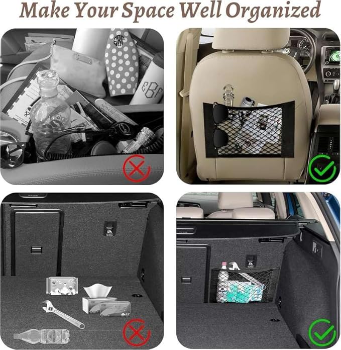 2 Pcs Back Seat Car Organizer Net for SUV, RV Inside Storage Organization Universal Cargo Mesh Bags, Adhesive Elastic Net Holder Accessories Pouch for Trunk, Camper, Car Ceiling, Front Seat, Boat