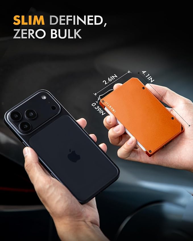 iwantit Pop Up Wallet for Men, Slim Minimalist Credit Card Holder with Money Clip - Man Metal Aluminum Wallet RFID Blocking, Smart Tactical Wallet for Men, Gift for Men (Orange)