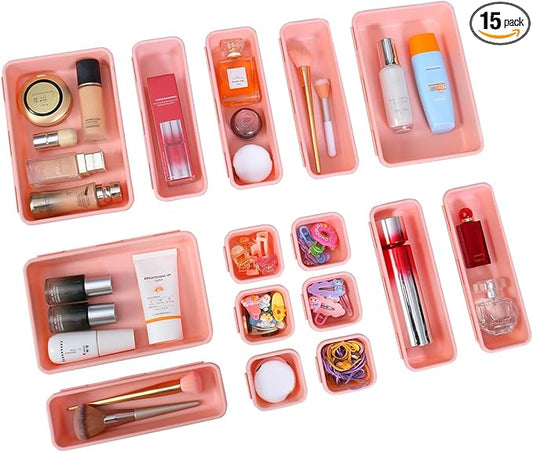 15 PCS Interlocking Desk Drawer Organizer Separator for Office,Bathroom,Kitchen,Makeup（Pink）