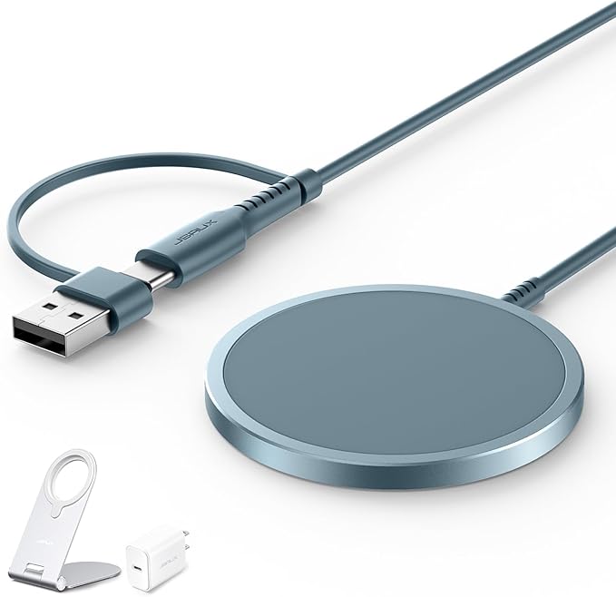 JSAUX Magnetic Wireless Charger Compatible with MagSafe Charger iPhone 16/15/14/13/12 Series, Wireless Mag Safe Charging Pad (Blue) with 20W PD Adapter and Desktop Stand