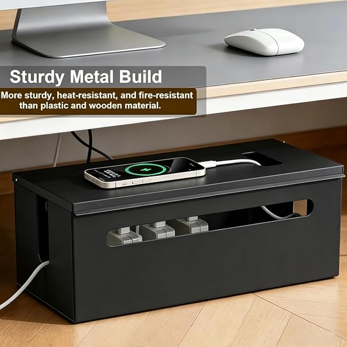 Metal Cable Management Box - Large Cable Organizer Box and Power Strip Box for Electrical Cord Hiding, Home Office Desk and Floor Cables Hider, TV Wires Storage Organization