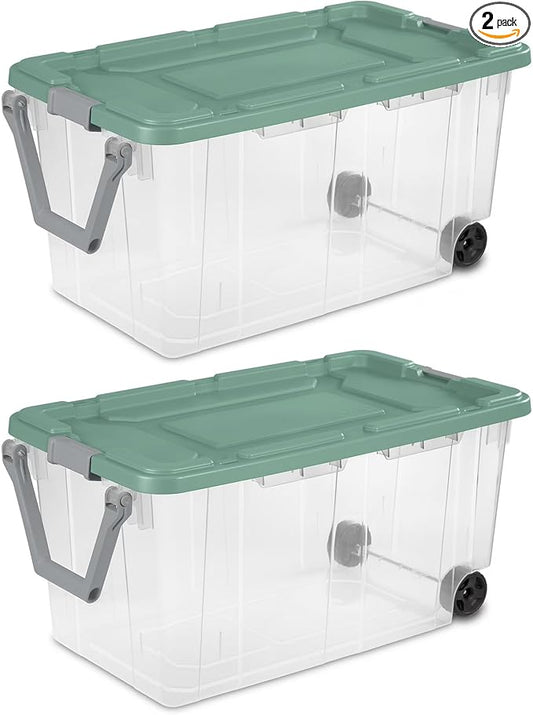 160 Quart Wheeled Stacker Tote, Extra Large Durable Clear Bin, Latch Lid and Pull Handle, 2 Count (Clear/Green)