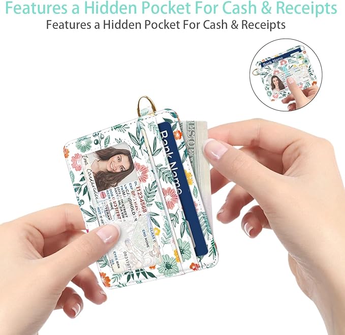 Slim Minimalist Front Pocket RFID Blocking Credit Card Holder Small Wallet Cute Card Cases for Women,Green Leaves