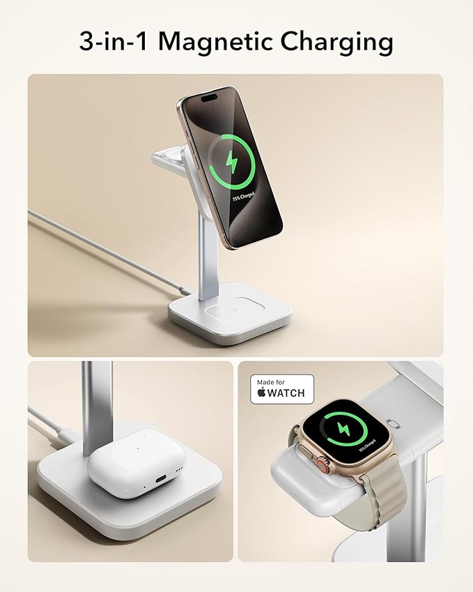 ESR Qi2 3 in 1 Wireless Charging Station, [Certified] Apple Watch Charger & 15W Qi2 MagSafe Charger Stand for iPhone, Wireless Charger for Multiple Devices iPhone 16/15/14/13&Watch&AirPods, White