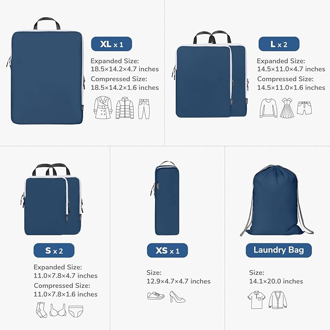 CherryNow Compression Packing Cubes, 7 Set Packing Cubes for Carry On, Travel Essentials for Men, Luggage Organizer Bags, Deep Blue