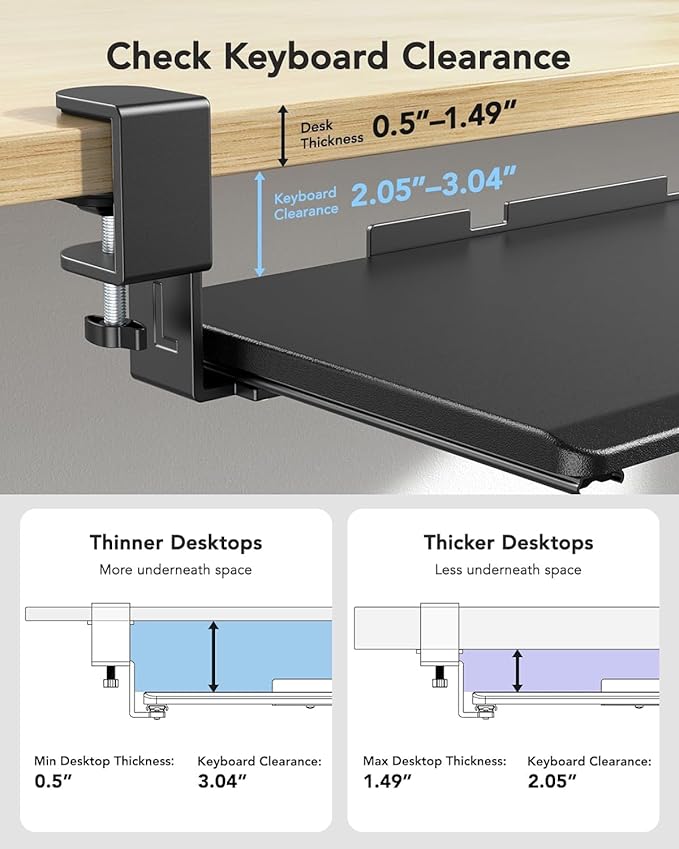 HUANUO Keyboard Tray Under Desk, Keyboard Holder with C-Clamp Hardware, 26.5″ W x 11.8″ D Slide Out Computer Keyboard & Mouse Tray for Home Office, Black, HNKB12B, Large