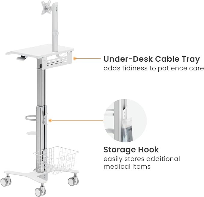 Mount Plus MB-C10 Medical Trolley Cart For Monitor Desktop With Keyboard Table, Basket, Wipe Holder, Scanner Holder For Hospital Clinic Dental Office Home Office | Height Adjustable Mobile Workstation