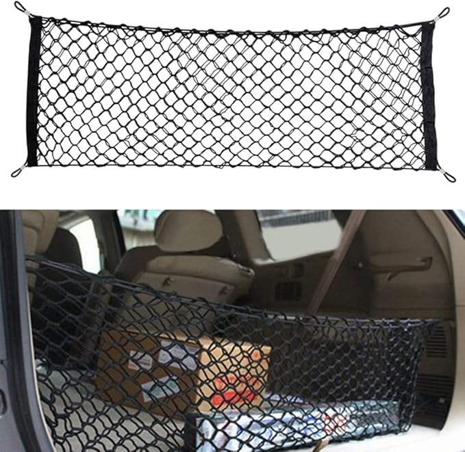 Car Rear Cargo Net, Universal Adjustable Elastic Trunk Cargo Storage Organizer Net, Double-Layer Storage Nylon Mesh Compatible for SUV, Jeep, Truck（43.3 x 15.7in）