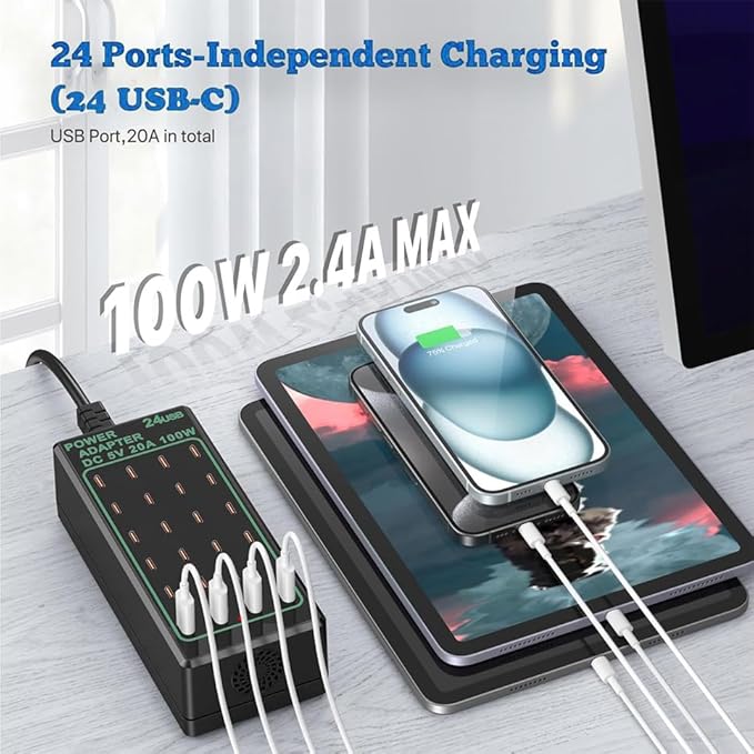 Multi Port USB Charging Station 24 Port 100 watt (20 A), USB Multi Port Charger Station Charging hub USB C Charger Block for Multiple Devices Compatible with Smartphones, Tables, and More Devices