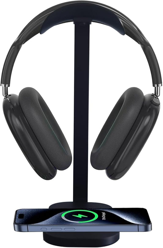 Headphone Stand with Wireless Charging, 15W Gaming Headset Holder for Desk, Aluminum Support Bar, Silicone Pad Headrest, Suitable for All Headphones
