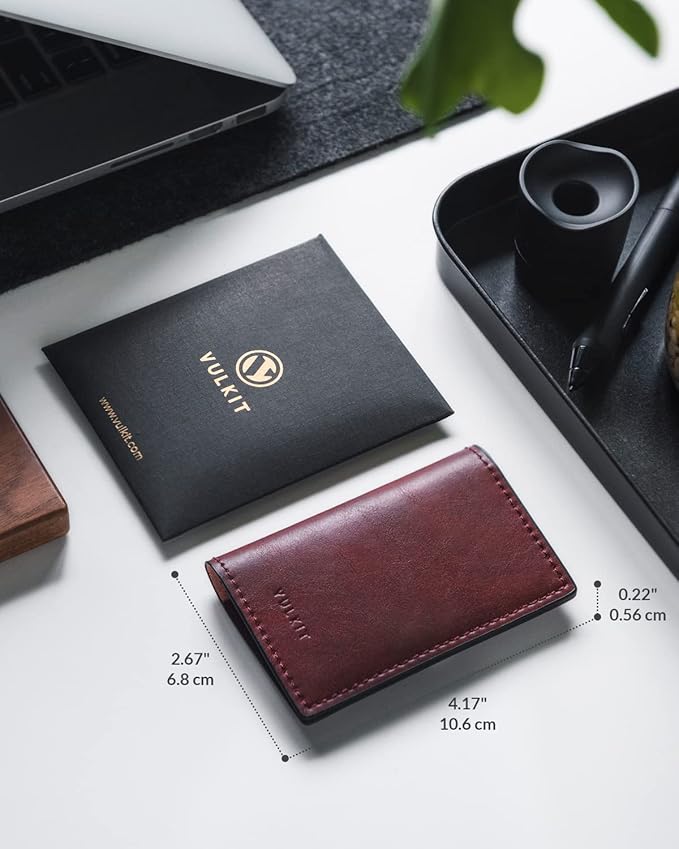 VULKIT Leather Business Card Holder 2 Sided Slim Business Name Card Organizer for Men or Women, Up to hold 20 cards (Vintage Wine)