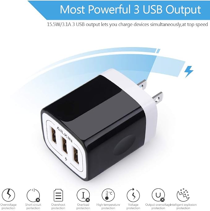Wall Charger Plug, USB Plug Wall Outlet, 3 MultiPort Charger Station Cube | USBA Box Charger Outlet Base Brick Block Replacement for iPhone, iPad, and iWatch Charger Plug (Black)