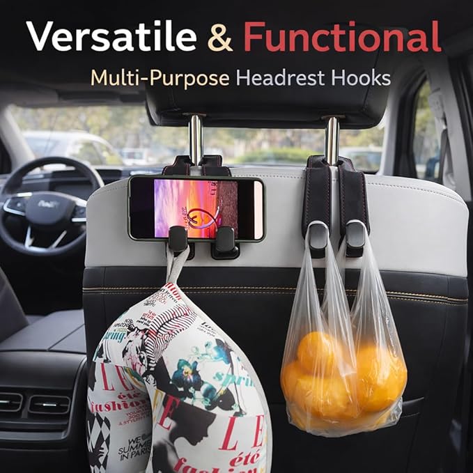Leather Car Headrest Hooks, 2-in-1 Car Seat Back Purse Hooks with Double Metal Hangers, Universal Car Storage Holder for Bags, Handbags, Phones & Groceries(2PCS, Black)