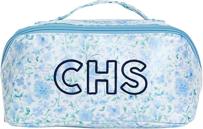 Personalized Flat Lay Makeup Bag - Clear-Coated Embroidered Cosmetic Organizer, Monogrammed Wide-Open Travel Pouch with Easy-Access Interior, Handmade Gift for Women (Dahlia)