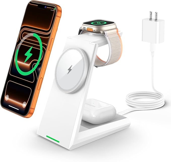 3 in 1 Magnetic Wireless Charging Station - 15W Fast Charging for iPhone 17/16/15/14/13/12, Compatible with MagSafe, for Apple Watch & AirPods, Auto-Dimming Light for Nightstand, Includes 30W Adapter