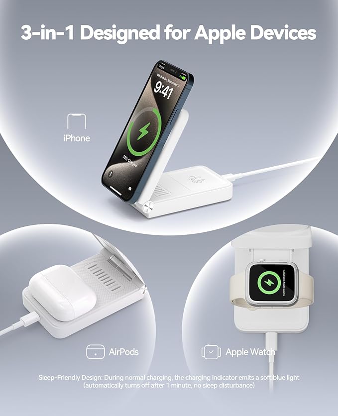 3 in 1 Charging Station, 25W Foldable Magnetic Fast Wireless Charger Stand for Apple Multiple Devices, Travel Charger for iPhone 17 16 15 14 13 12 Series Watch AirPods 4/3/2/Pro
