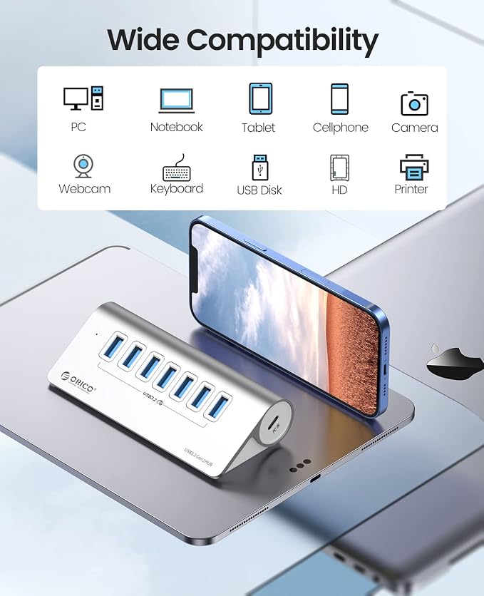 ORICO 7-Port USB 3.2 Gen2 Hub, Desktop USB 3.2 Hub with 7 USB-A Ports, 5V 3A Power Supply Port, 10Gbps Aluminium USB-Splitter with 1.64Ft USB-C to USB-A/C Cable for iMac, MacBooks, Mac mini
