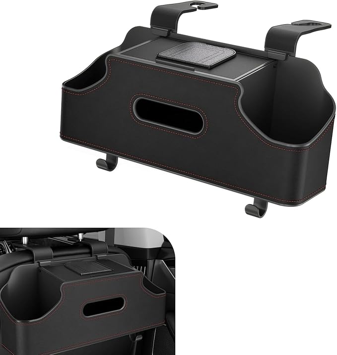 SLIMI 1 PC Car Backseat Organizer, 3 in 1 Multifunctional Double Cup Holder Tissue Box with 2 Hooks, Universal Car Seat Back Organizer, for Most Cars (Black)