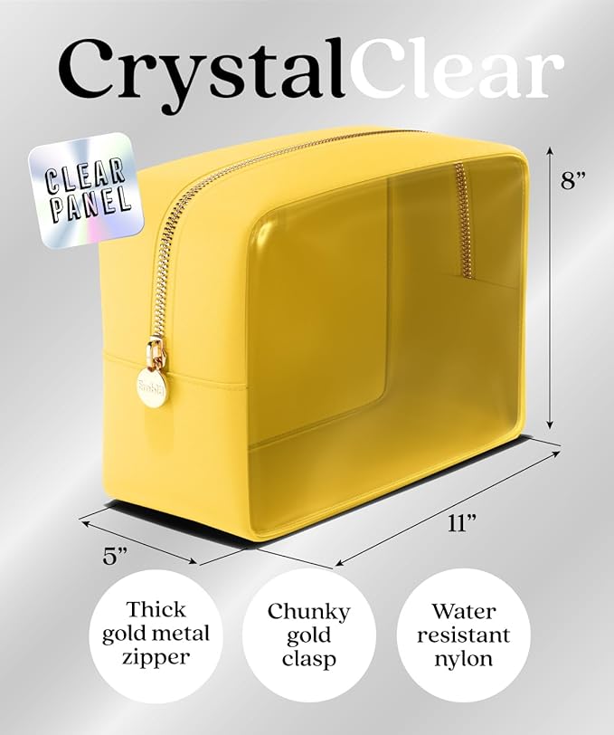 Embla Clear Large Makeup Bag Cute Big Make Up Nylon Pouches Travel Bathroom Bags for Toiletries XL Cosmetic Pouch for Women Girls Extra Large Zipper Toiletry Skincare Organizer Yellow