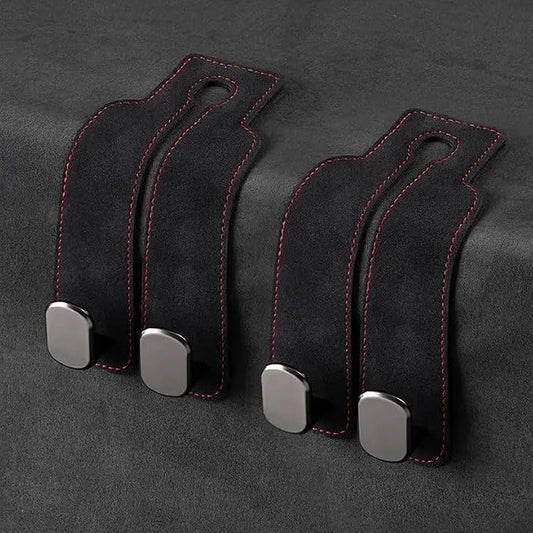 Car Seat Headrest Hooks – Premium Microfiber Leather and Alloy Hangers for Handbags, Purses Coats Groceries Umbrellas Heavy Duty Hook Holds Up to 45 lbs Keep Your Car Clean and Organized (Black)