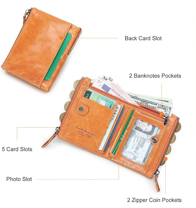 CONTACTS Soft Leather Wallet for Women Small Bifold Coin Purse Double Zipper Card Holder with RFID Blocking (Light Orange)