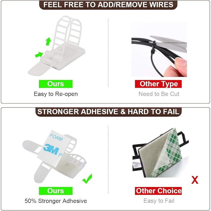 100Pcs Adhesive Cable Management Clips with 50Pcs Zip Ties, Adjustable Nylon Cable Strap Ties Wire Clips Clamps Organizer, Extra Screw & Hole - 3.35 Inch White