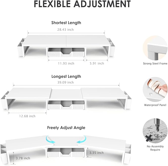OPNICE Desk Organizers and Accessories, Dual Monitor Stand Riser with Drawer and 2 Pen Holders, Desk Shelf Metal Computer Racks for Office Workspace Organizers, Desktop Organization (White Metal)
