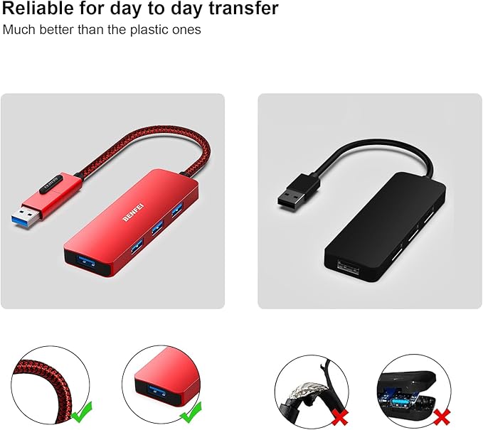 BENFEI USB 3.0 Hub, USB-C HUB, 2-in-1 USB Type-A/Type-C Hub with 4 USB 3.0 Ports [Aluminum Shell, Nylon Braided] Compatible with iPhone 15 Pro/Max, MacBook Pro/Air 2023, iPad Pro, iMac, S23, XPS 17