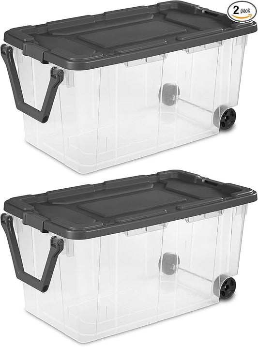 160 Quart Wheeled Stacker Tote, Extra Large Durable Clear Bin, Latch Lid and Pull Handle, 2 Count (Clear/Gray)