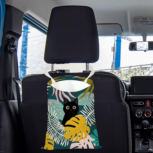 Black Cat Car Trash Bag, Palm Car Trash Bag Hanging, Palm Accessories, Summer Decor Waterproof Cars Back Seat Hanging Organizer Garbage Can for Vehicle Travelling Camping