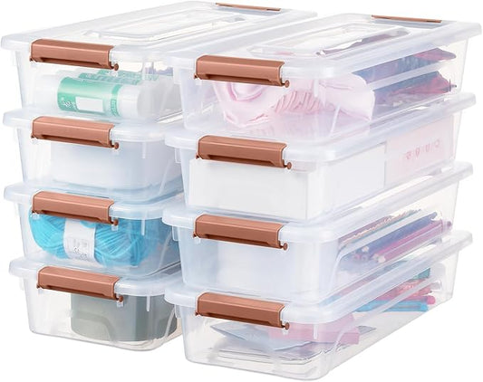 Plastic Storage Bin with Lid, Stackable Design, Clip Box for Crafts, Supplies and Office Items Container (8 Pack 4 Quart Brown)