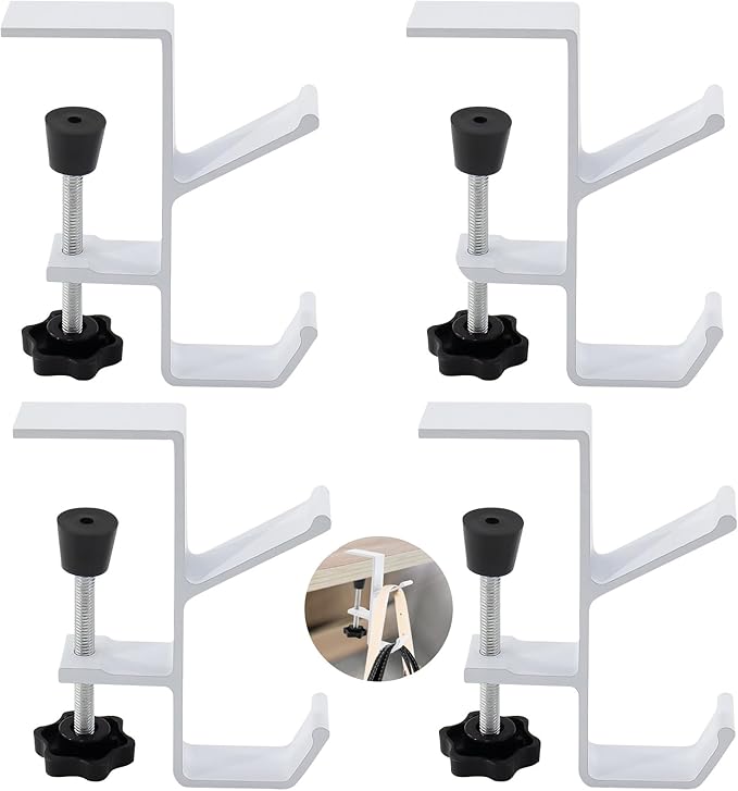 Desk Mount Bag Holder Hook Clamp,On Backpack Hanger Portable Desk Mount Headphones Holder for Reduce Desk Clutter Table Desk Table Hanging Storage (4 Pcs-Double Hook White)