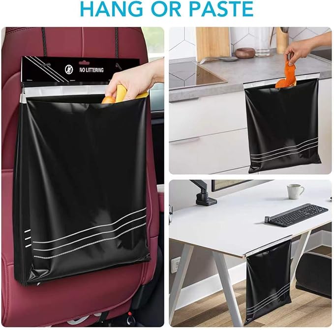 Disposable Car Trash Bag - Large Capacity - Car Garbage Bag Hanging from Headrest - Easy to Stick-On, Leakproof, Smellproof Car Trash Can - Ideal for Travel, Camping, and Home Use (All Black, 50)