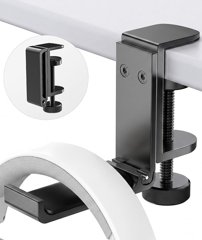 Kimiangel Headphone Stand Under Desk, Foldable Aluminum Headset Holder with Adjustable Screw Clamp, Headphone Hook Mount for Gaming Accessories, Space-Saving Under Table Headset Hanger