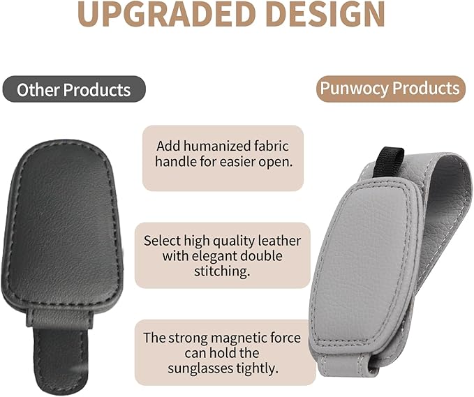 Visor Sunglasses Holder Clip for Car, Magnetic Leather Clip for Car Visor, Universal Glasses Organizer 2 Pack, Grey