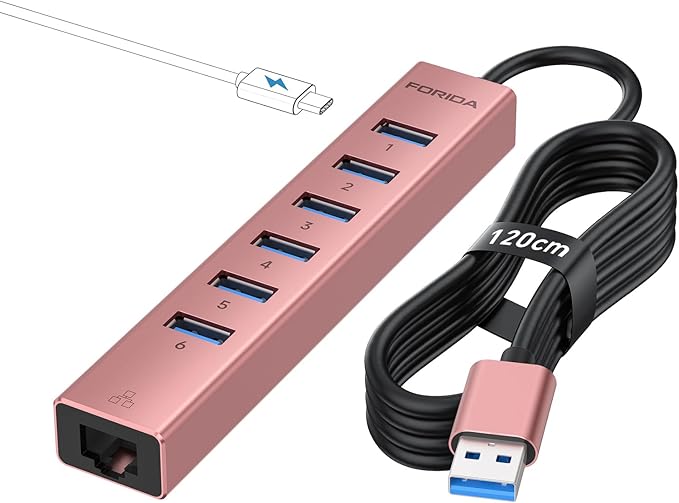 Aluminum USB 3.0 Adapter USB to Ethernet HUB with 120CM Long Cable for Laptop USB Extender with Gigabit Ethernet Port and 5V/3A Power Port 7 Ports USB Hub for iMac PC Flash Drives (Rose Gold)