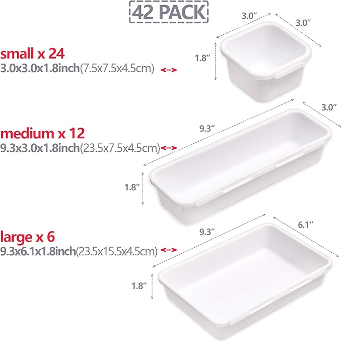 TENABORT 42 Pack Interlocking Desk Drawer Organizer Tray Dividers Plastic Shallow Narrow Drawers Organizers Separators Storage Bins Container for Kitchen Bathroom Makeup Office Vanity Dresser White
