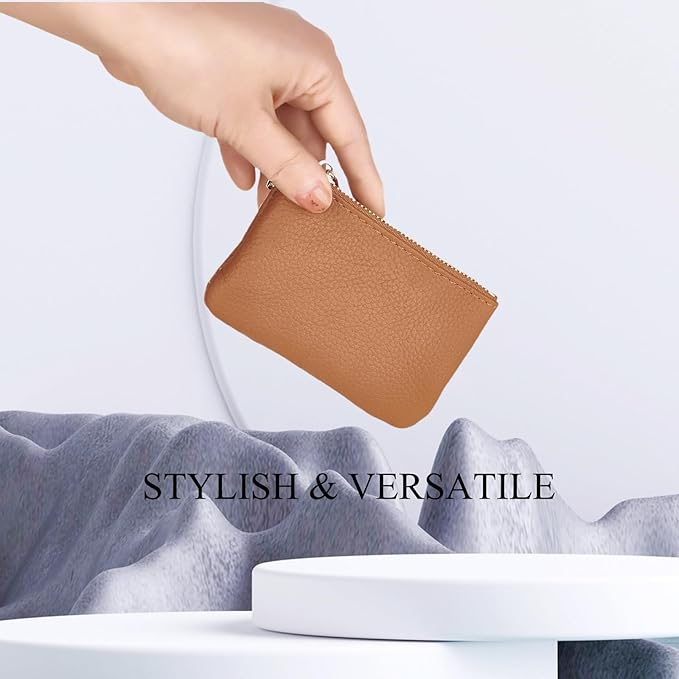 Full Grain Leather Coin Purse with Key Chain - Small Change Purse Keychain Card Holder Keychain Pouch Small Keychain Wallet for Women and Men (Brown)