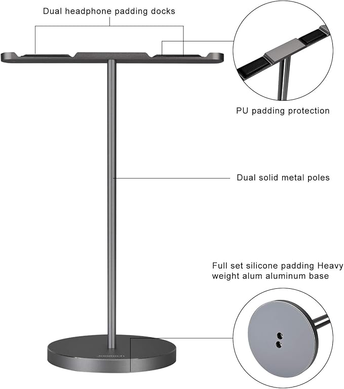 Dual Aluminum Headphones Stand Holder, Showcase Multi Headphones with Solid Heavy Base, Compatible With Gaming Headsets and Wireless Headphone Black