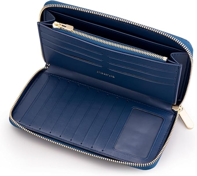 Luxury Real Leather Zip Around Travel Wallet | Large Capicity Card Holder Organizer | Classic Phone Clutch for Men Women (Navy - Saffiano Leather)